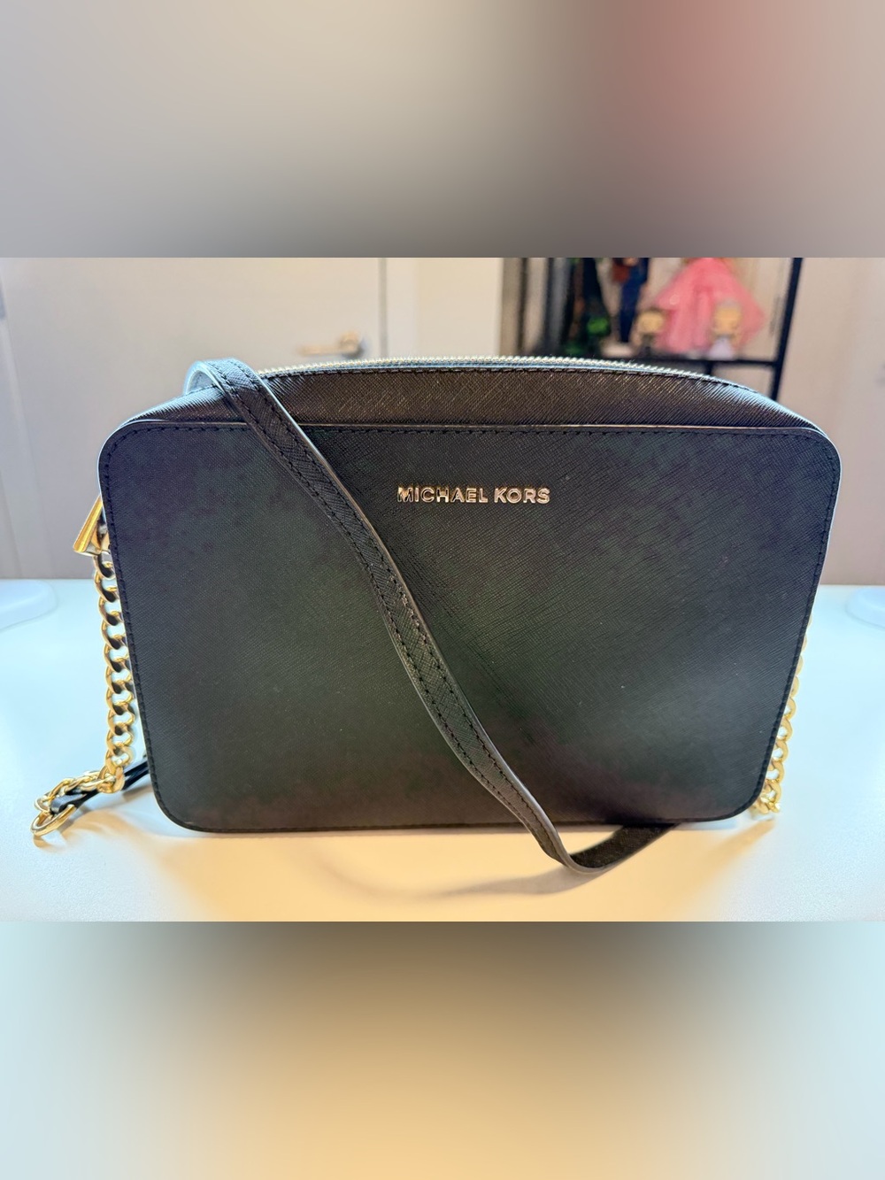 Michael Kors Black Saffiano Crossbody with Gold Logo
